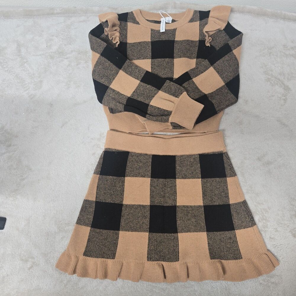 Janie and Jack Girls Plaid Ruffle Knit Sweater & Skirt 2-Piece Set - Tan/Black 7